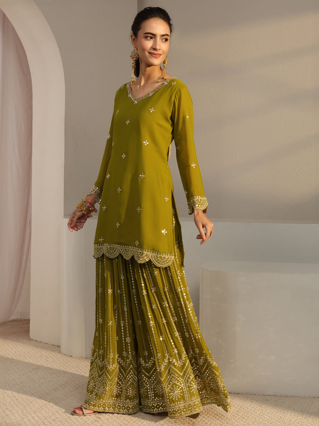  Libas Art Green Embellished Georgette Palazzo Suit Set With Dupatta 