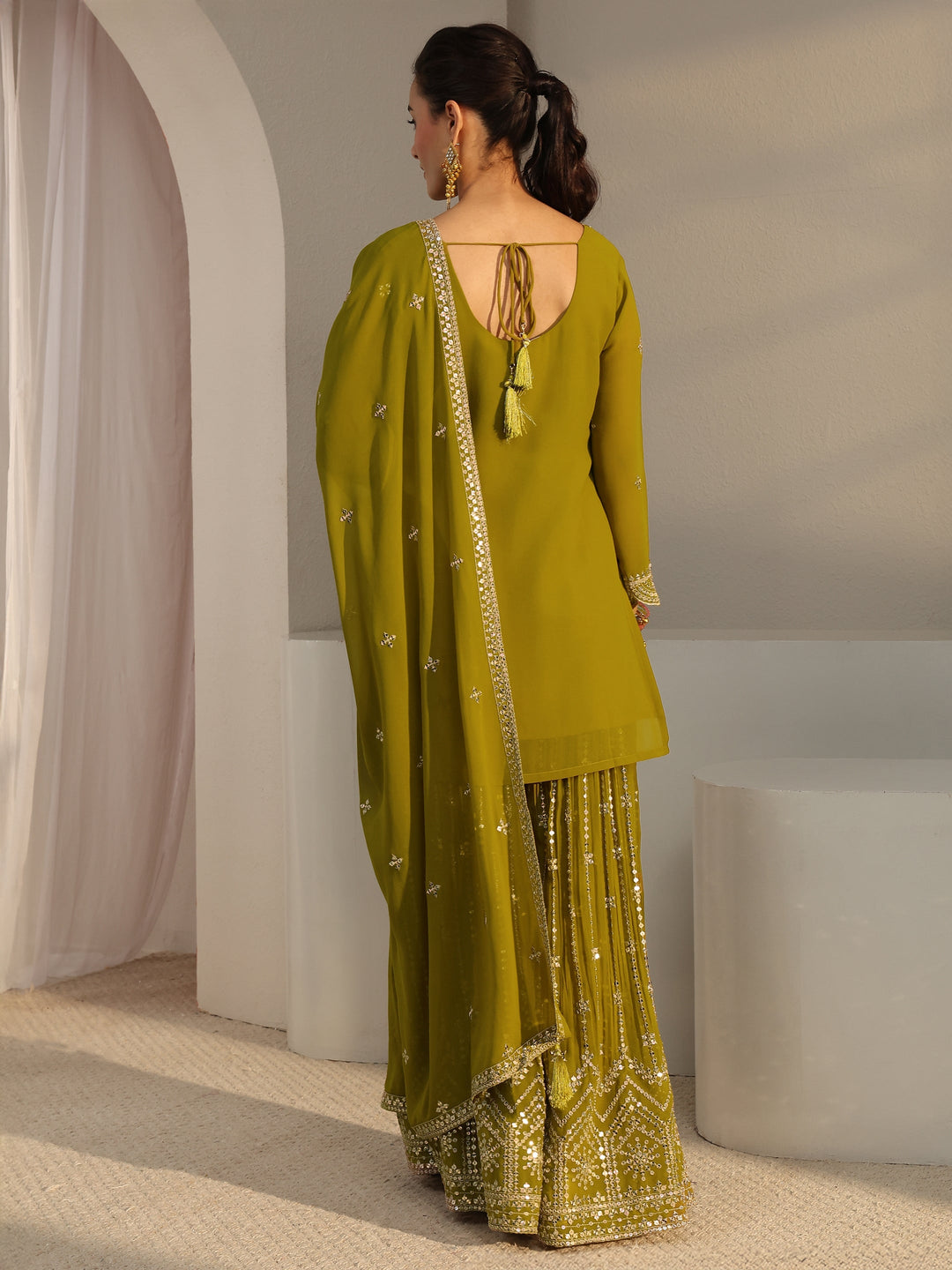  Libas Art Green Embellished Georgette Palazzo Suit Set With Dupatta 