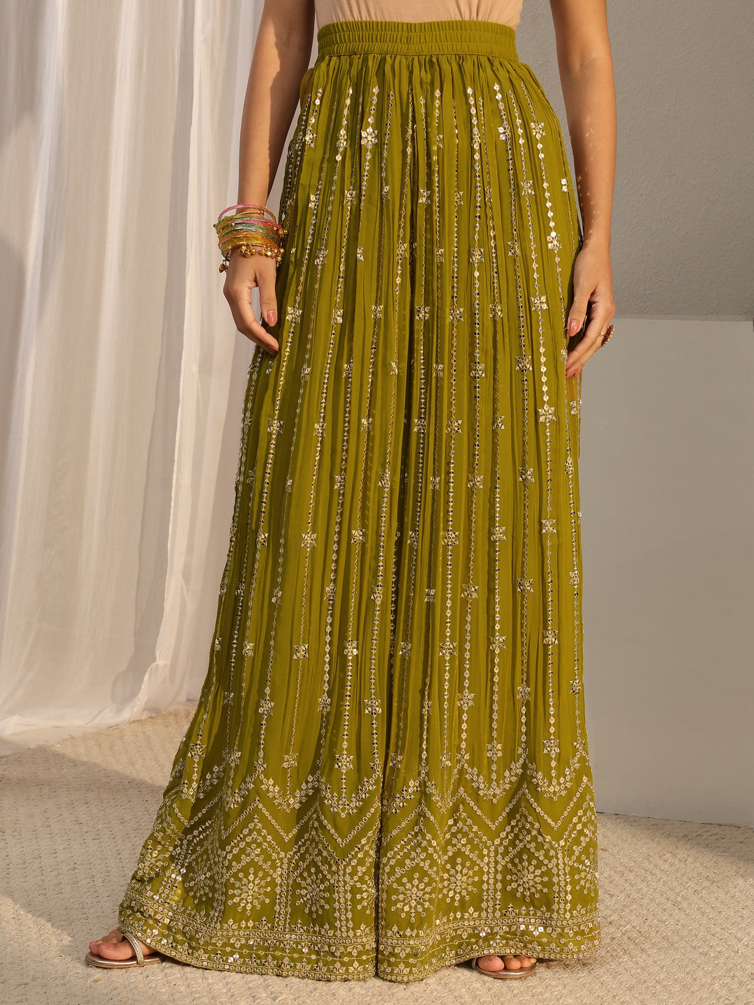  Libas Art Green Embellished Georgette Palazzo Suit Set With Dupatta 