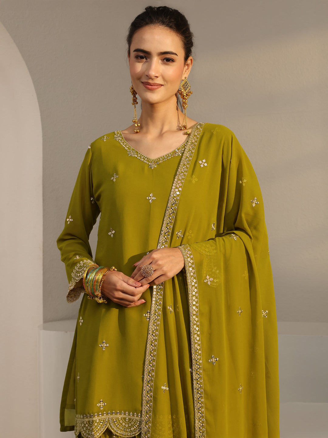  Libas Art Green Embellished Georgette Palazzo Suit Set With Dupatta 