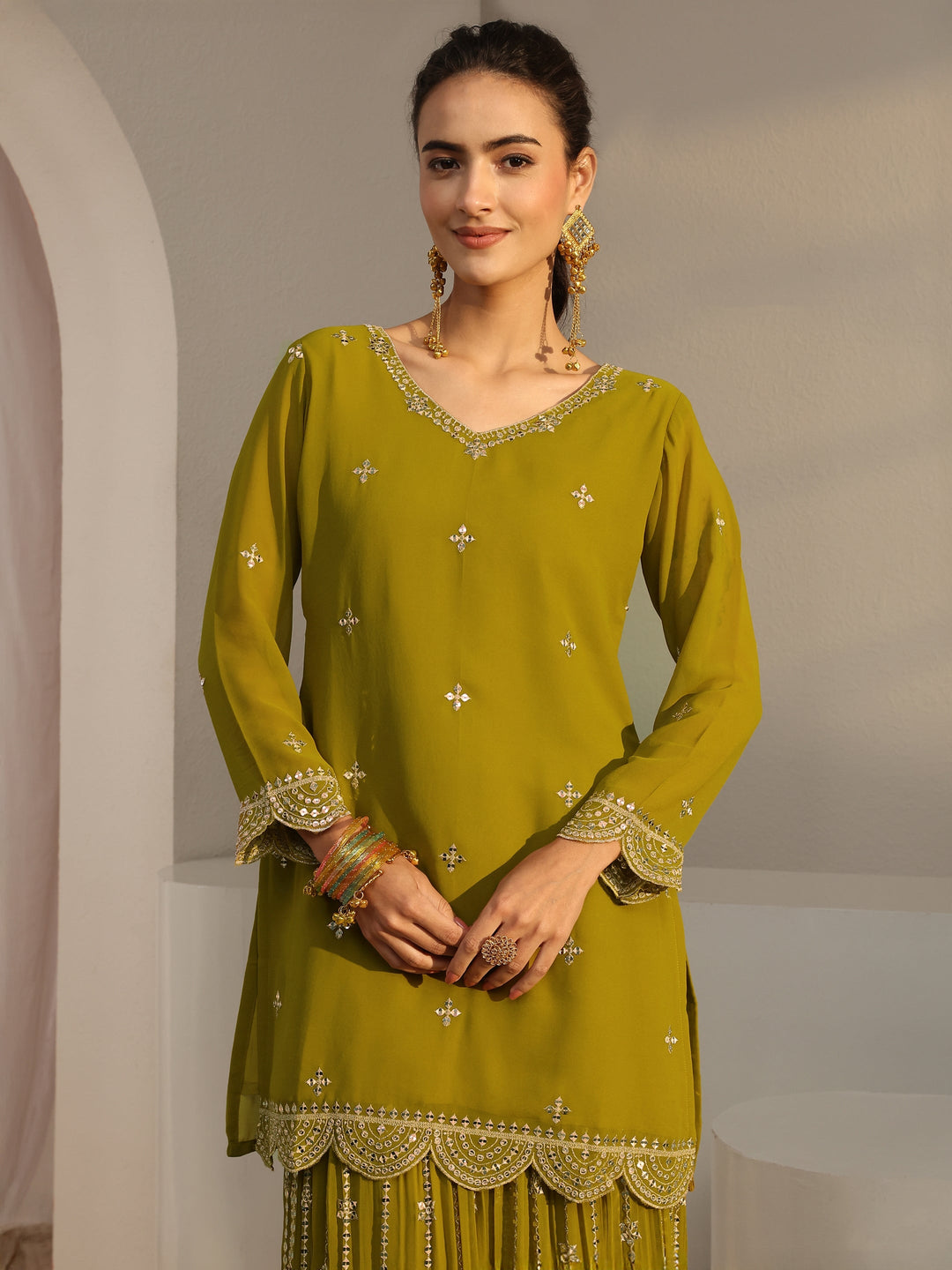  Libas Art Green Embellished Georgette Palazzo Suit Set With Dupatta 