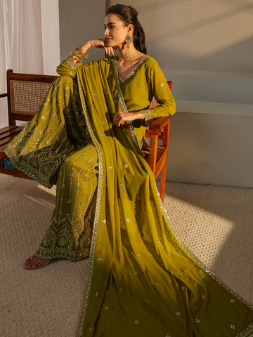 Libas Art Green Embellished Georgette Palazzo Suit Set With Dupatta
