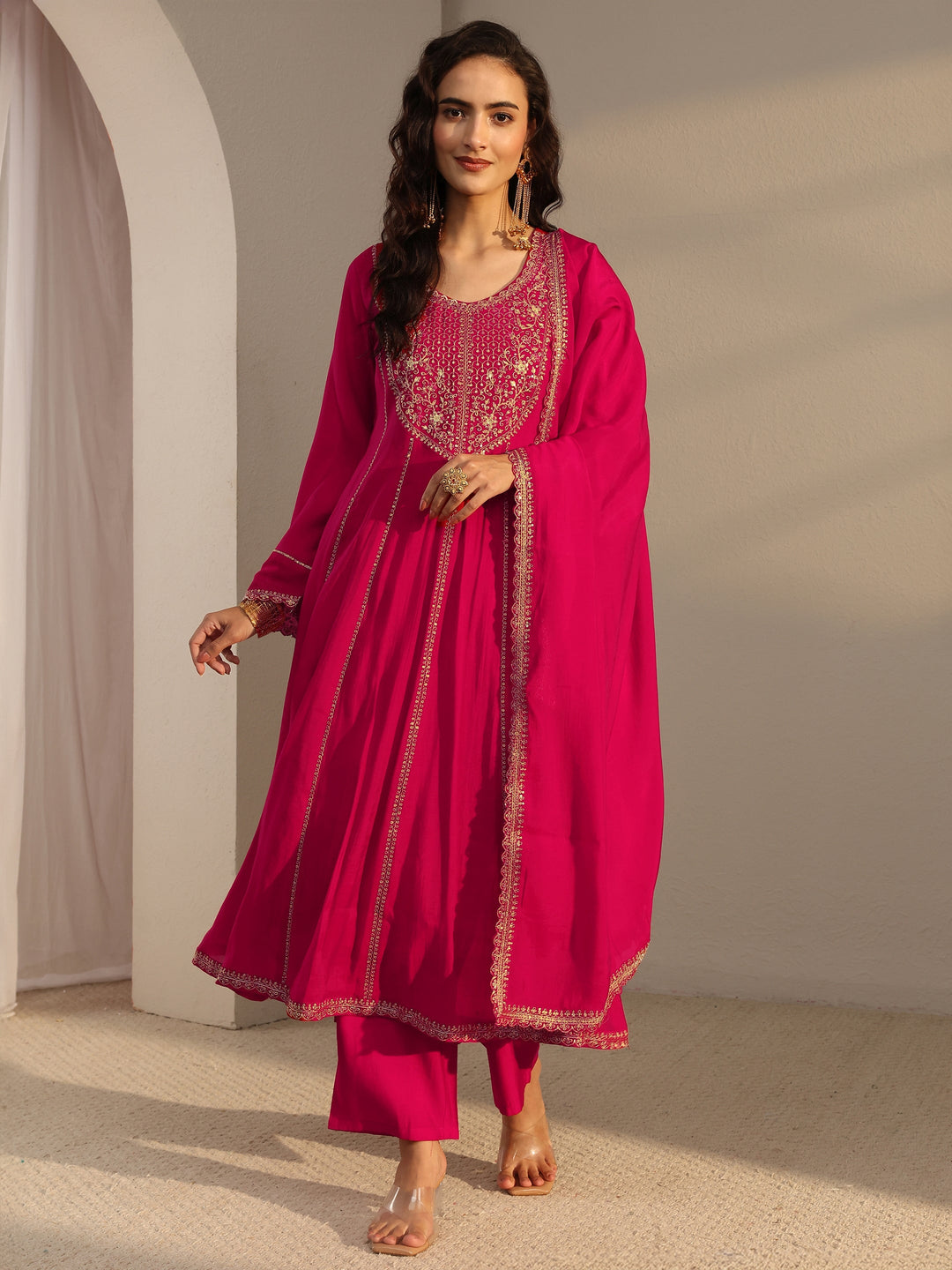  Red Embroidered Chanderi Silk A-Line Suit Set With Dupatta 