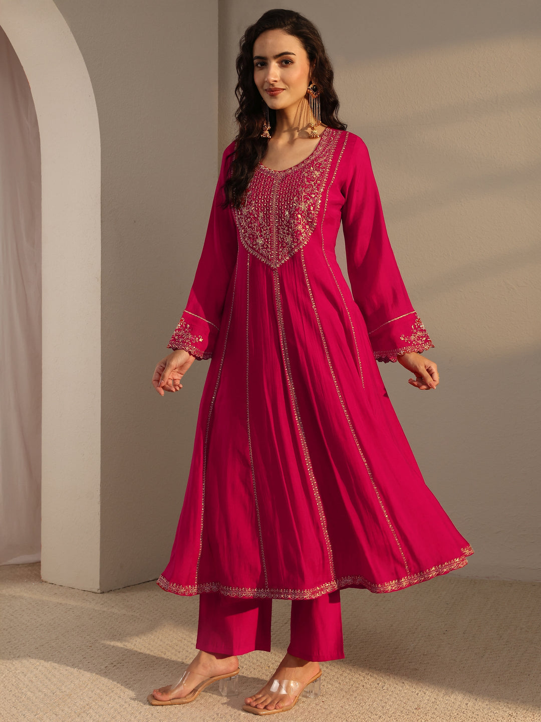  Red Embroidered Chanderi Silk A-Line Suit Set With Dupatta 