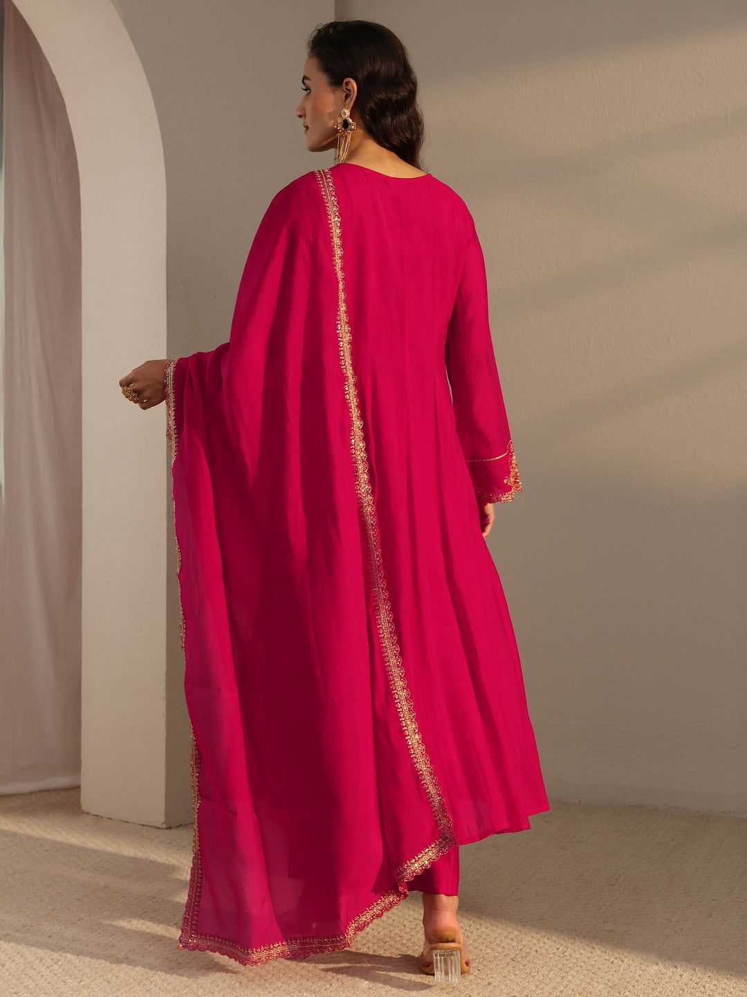  Red Embroidered Chanderi Silk A-Line Suit Set With Dupatta 