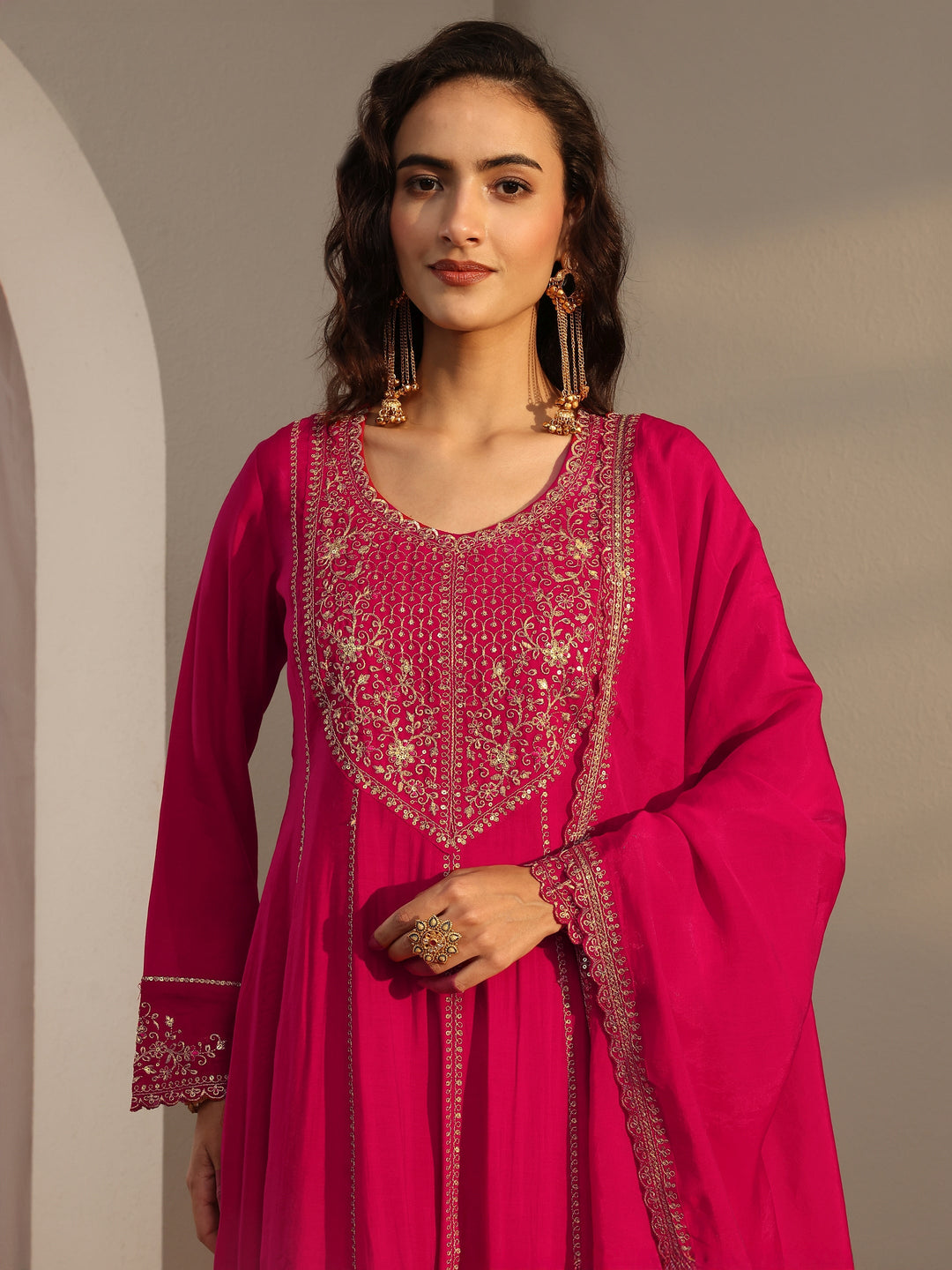  Red Embroidered Chanderi Silk A-Line Suit Set With Dupatta 