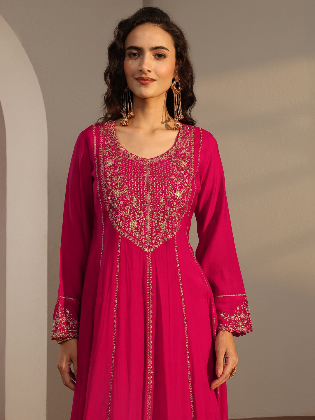  Red Embroidered Chanderi Silk A-Line Suit Set With Dupatta 