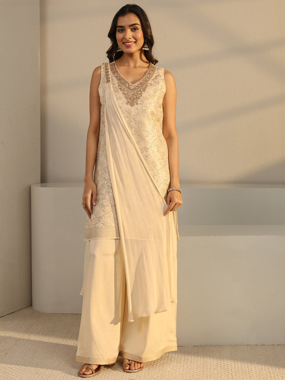  Ivory Floral Woven Design Silk Blend Straight Suit Set With Dupatta 
