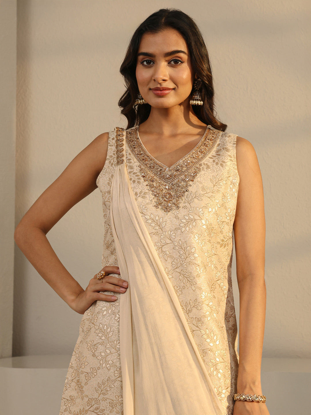  Ivory Floral Woven Design Silk Blend Straight Suit Set With Dupatta 
