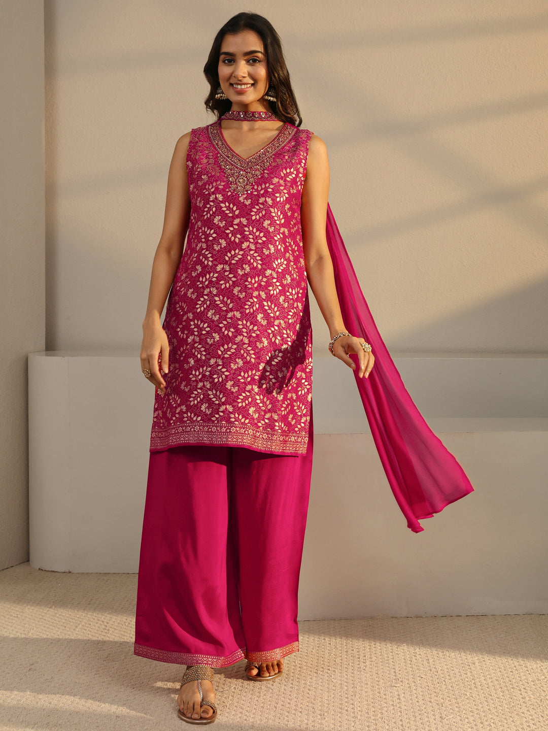  Pink Floral Woven Design Silk Blend Straight Suit Set With Dupatta 