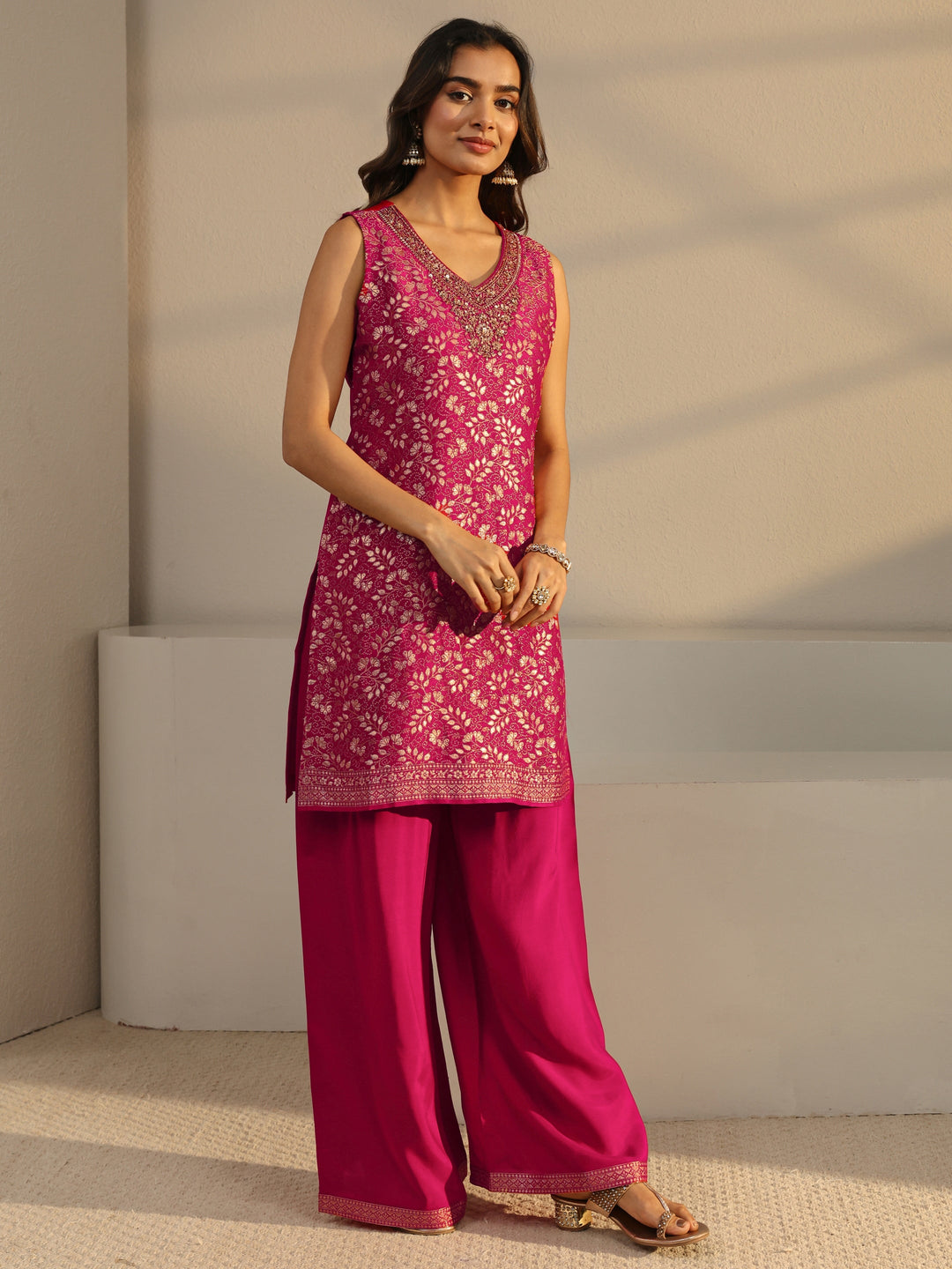  Pink Floral Woven Design Silk Blend Straight Suit Set With Dupatta 