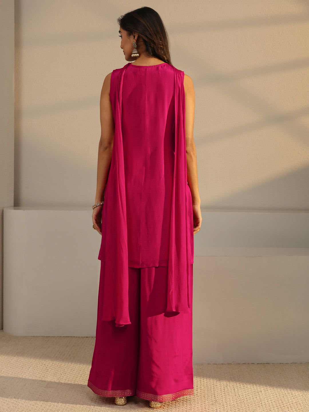  Pink Floral Woven Design Silk Blend Straight Suit Set With Dupatta 