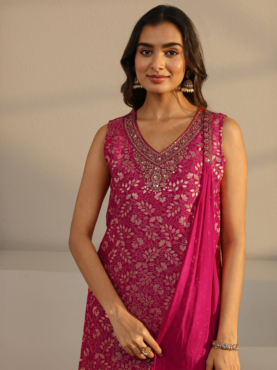  Pink Floral Woven Design Silk Blend Straight Suit Set With Dupatta 