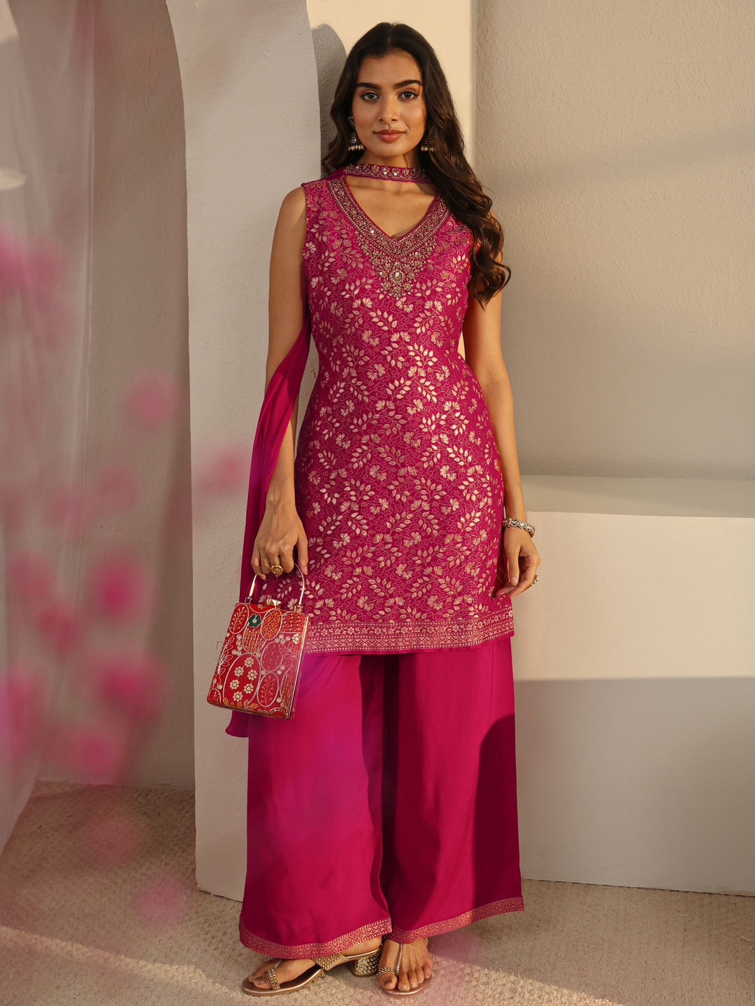  Pink Floral Woven Design Silk Blend Straight Suit Set With Dupatta 