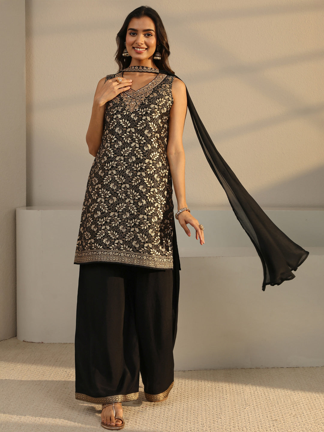  Black Floral Woven Design Silk Blend Straight Suit Set With Dupatta 