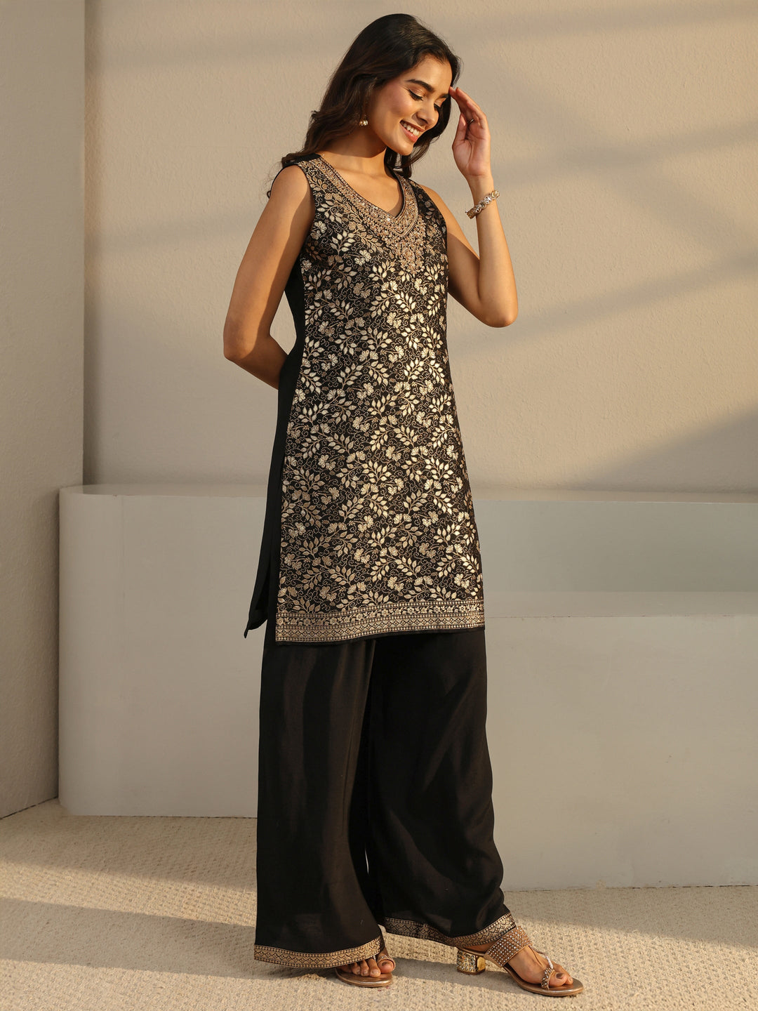  Black Floral Woven Design Silk Blend Straight Suit Set With Dupatta 