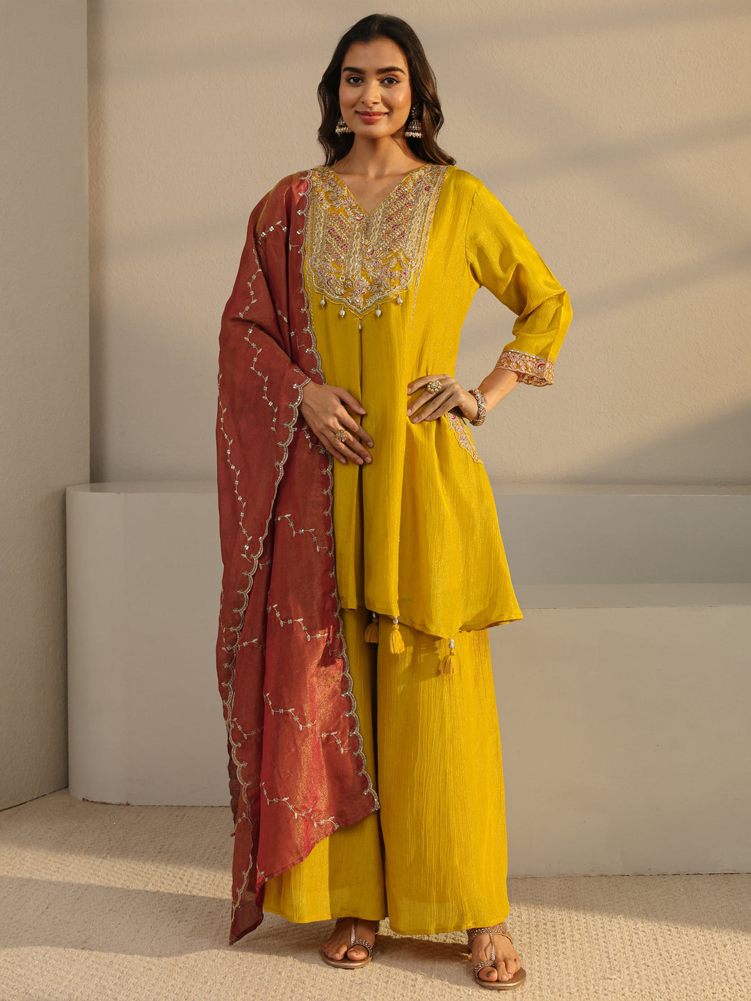  Libas Art Mustard Embroidered Chinon A-Line Suit Set With Dupatta 