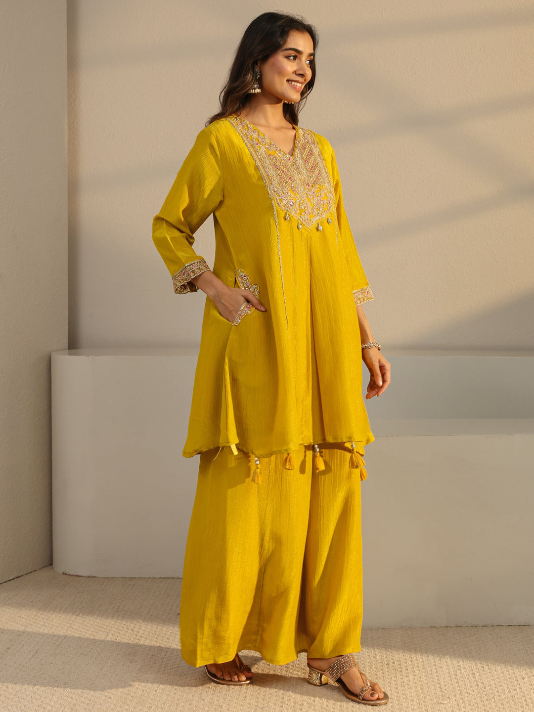  Libas Art Mustard Embroidered Chinon A-Line Suit Set With Dupatta 