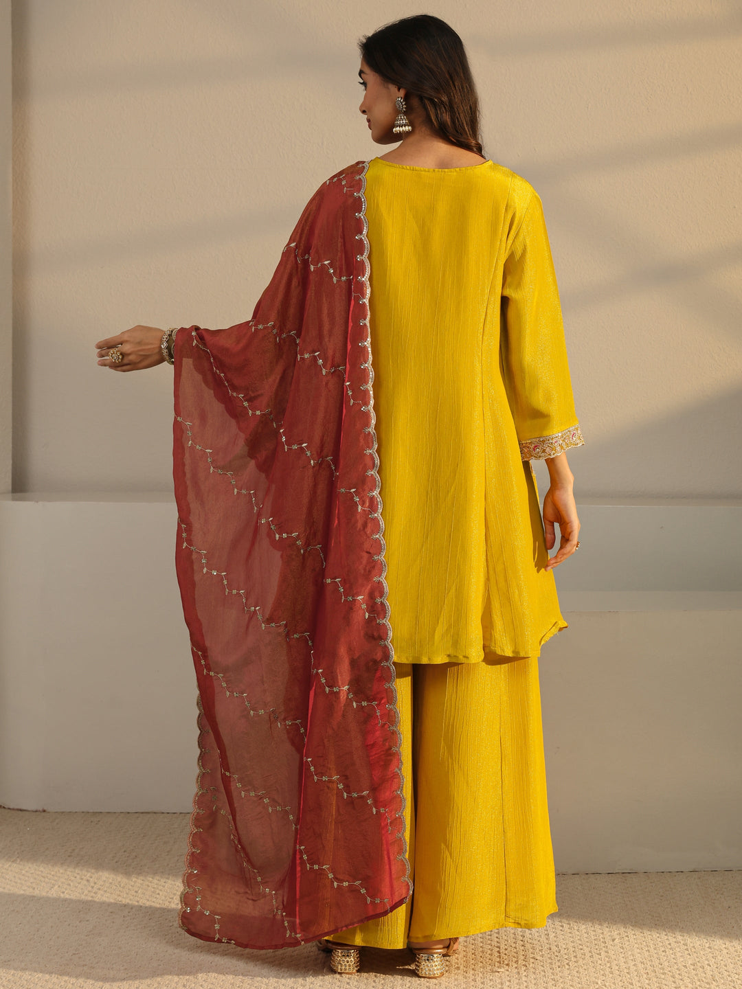  Libas Art Mustard Embroidered Chinon A-Line Suit Set With Dupatta 