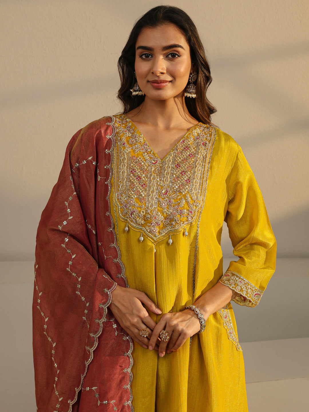  Libas Art Mustard Embroidered Chinon A-Line Suit Set With Dupatta 