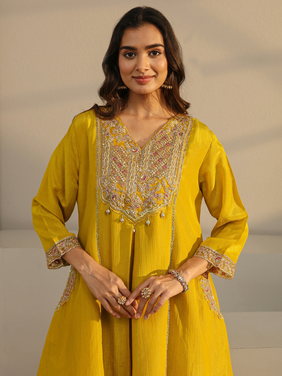  Libas Art Mustard Embroidered Chinon A-Line Suit Set With Dupatta 