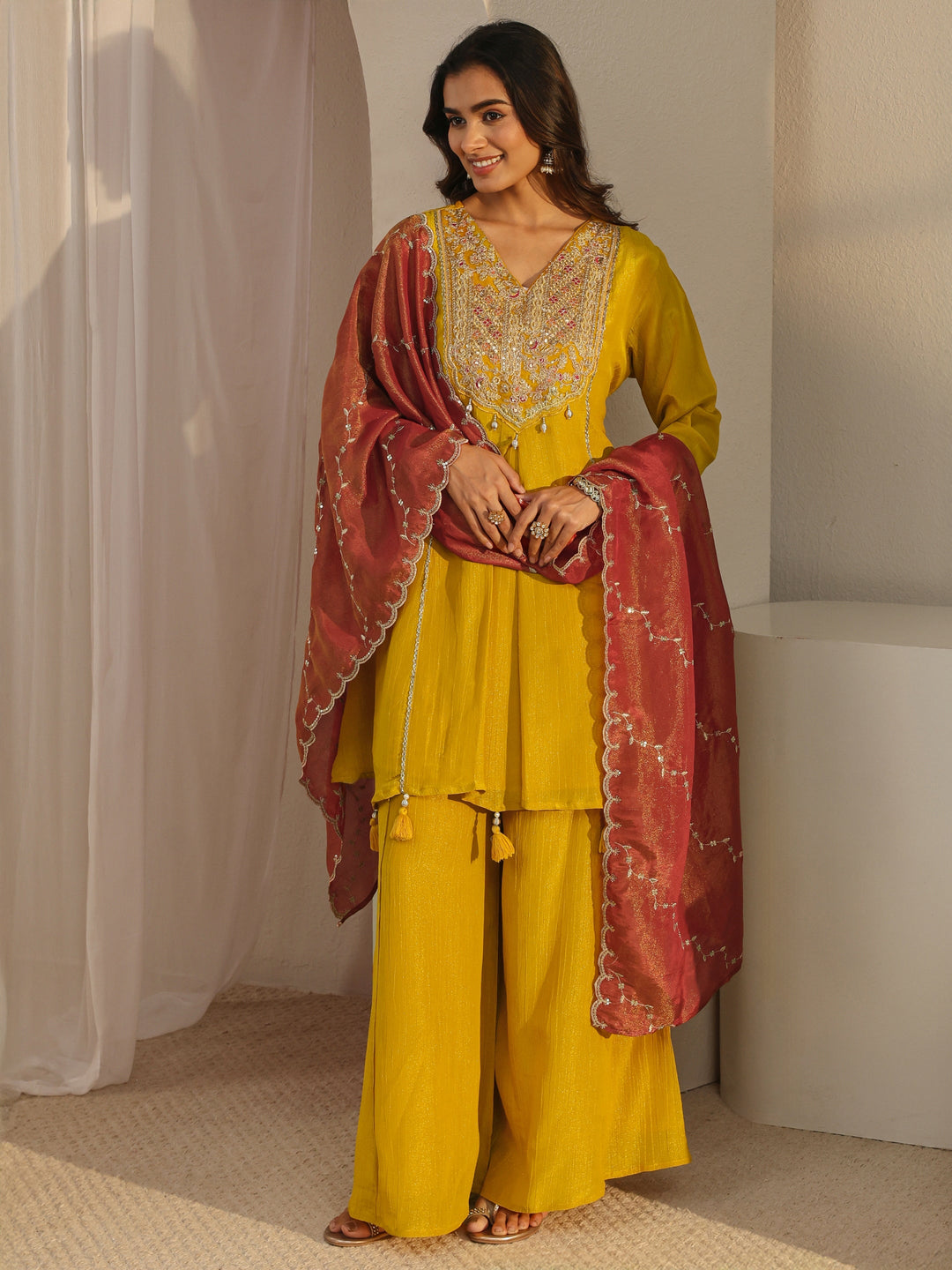  Libas Art Mustard Embroidered Chinon A-Line Suit Set With Dupatta 