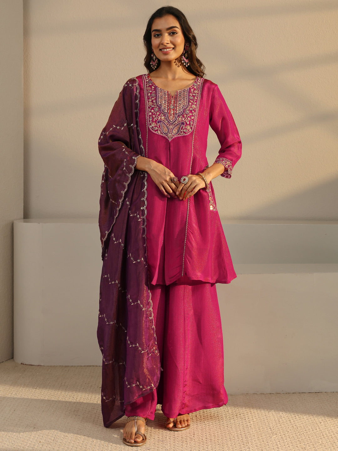 Libas Art Pink Embroidered Chinon A-Line Suit Set With Dupatta 