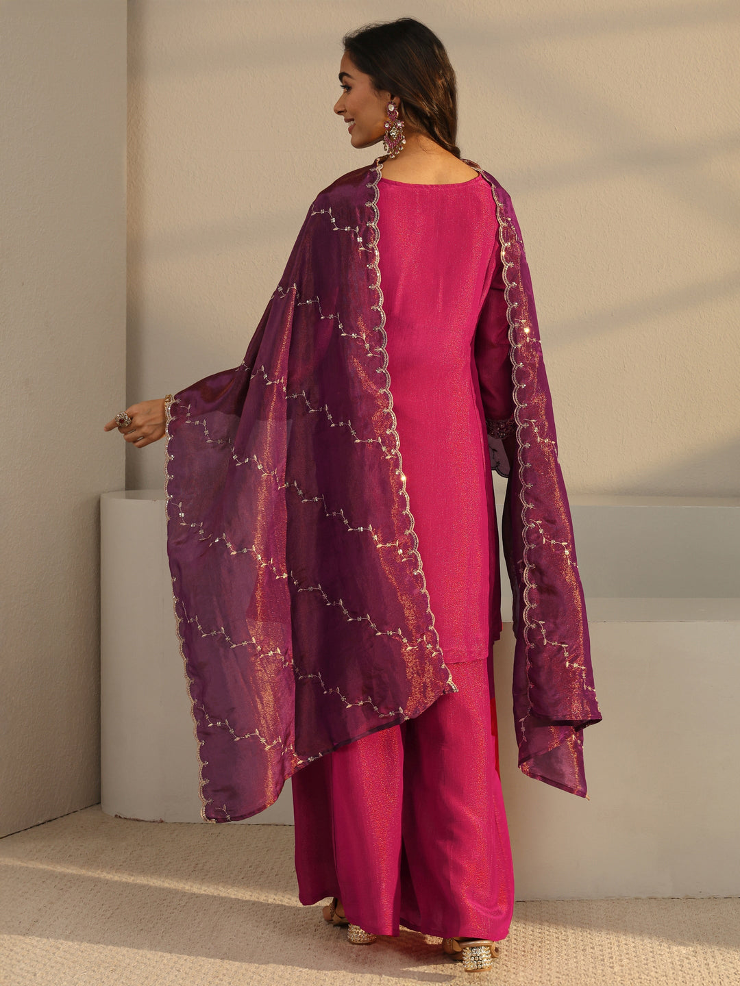  Libas Art Pink Embroidered Chinon A-Line Suit Set With Dupatta 
