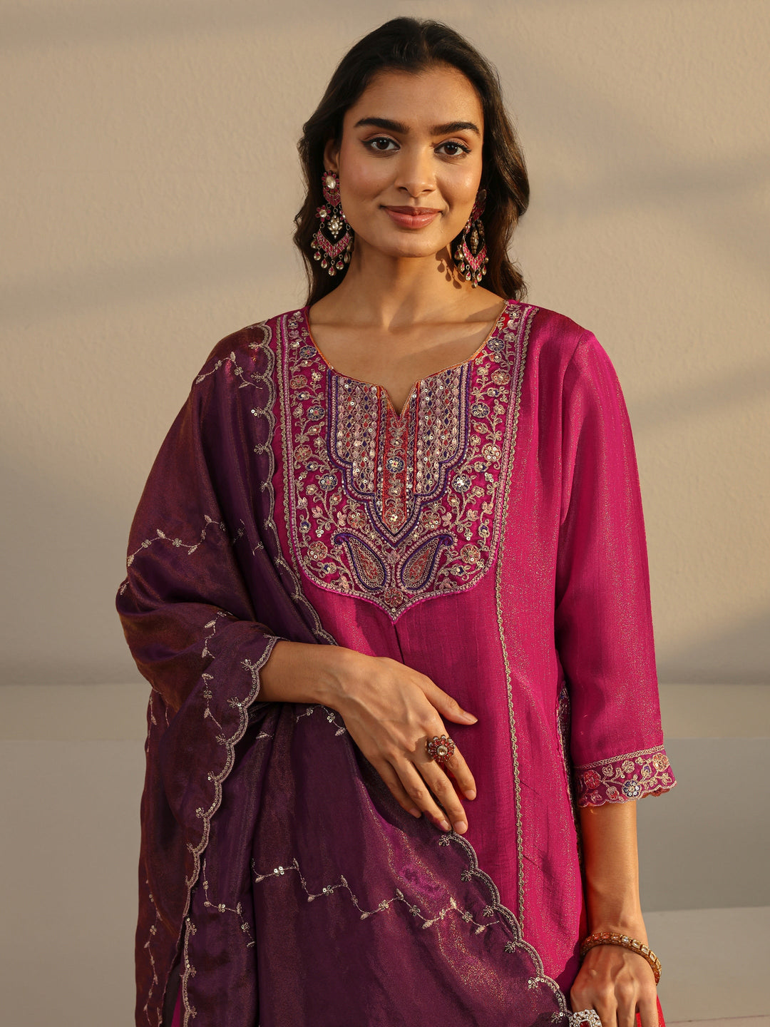  Libas Art Pink Embroidered Chinon A-Line Suit Set With Dupatta 