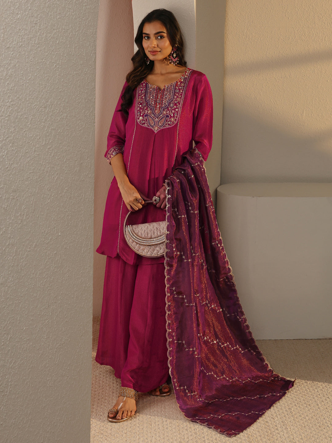  Libas Art Pink Embroidered Chinon A-Line Suit Set With Dupatta 