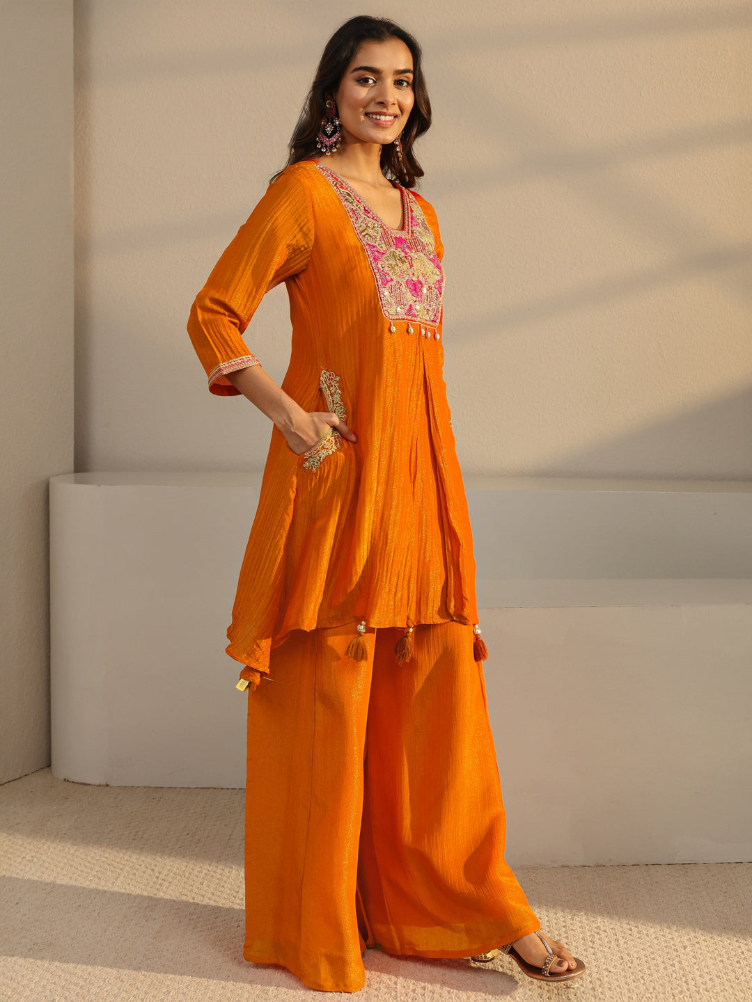  Libas Art Orange Embroidered Chinon A-Line Suit Set With Dupatta 