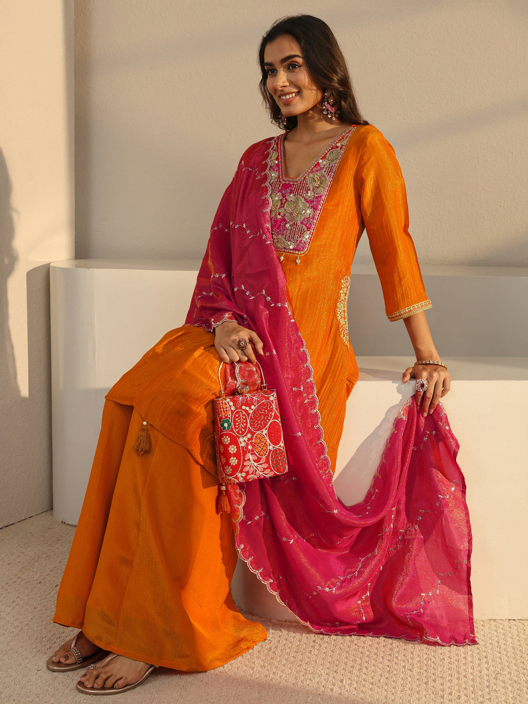  Libas Art Orange Embroidered Chinon A-Line Suit Set With Dupatta 