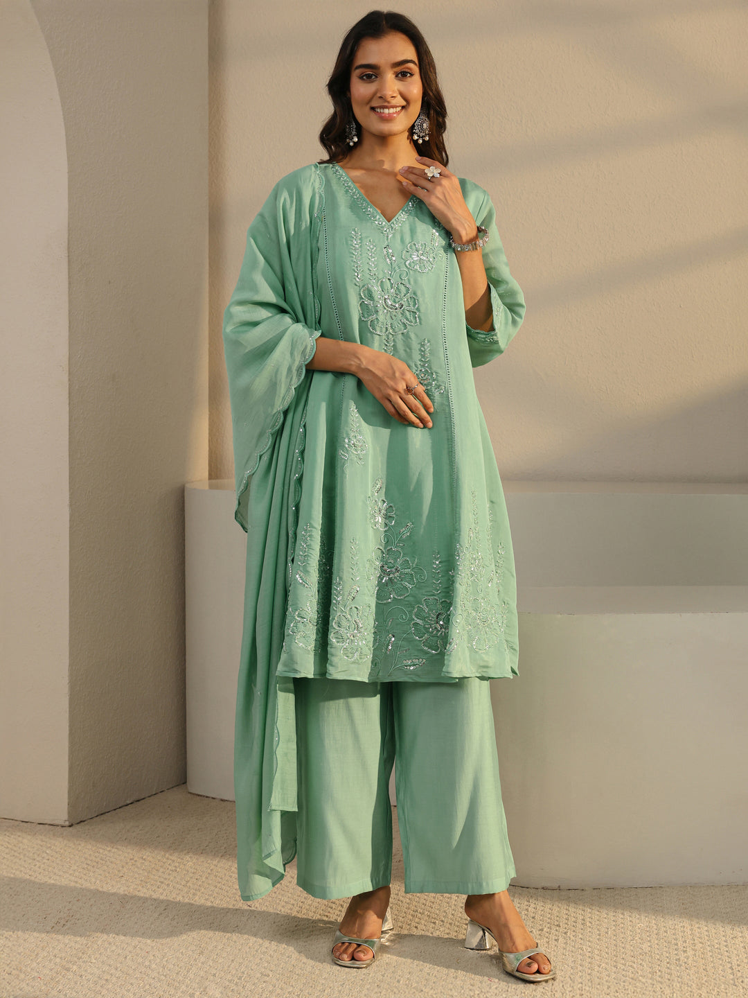  Libas Art Green Floral Embellished Chanderi Silk A-Line Suit Set With Dupatta 