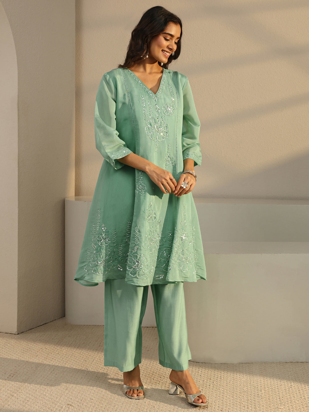  Libas Art Green Floral Embellished Chanderi Silk A-Line Suit Set With Dupatta 