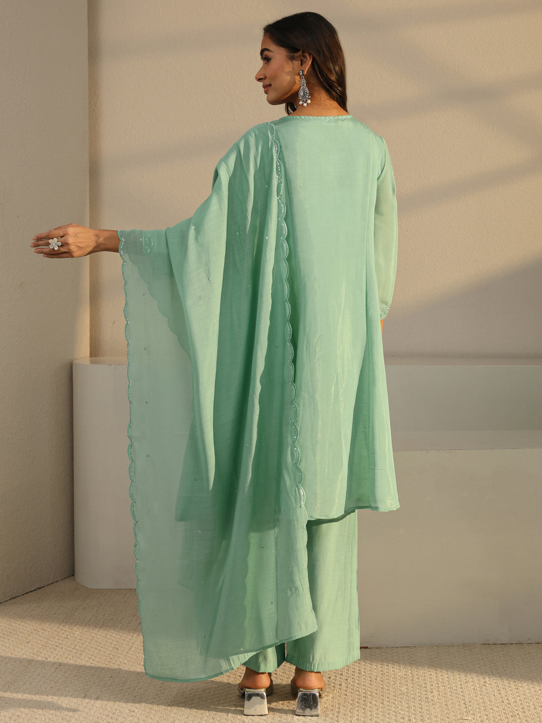  Libas Art Green Floral Embellished Chanderi Silk A-Line Suit Set With Dupatta 