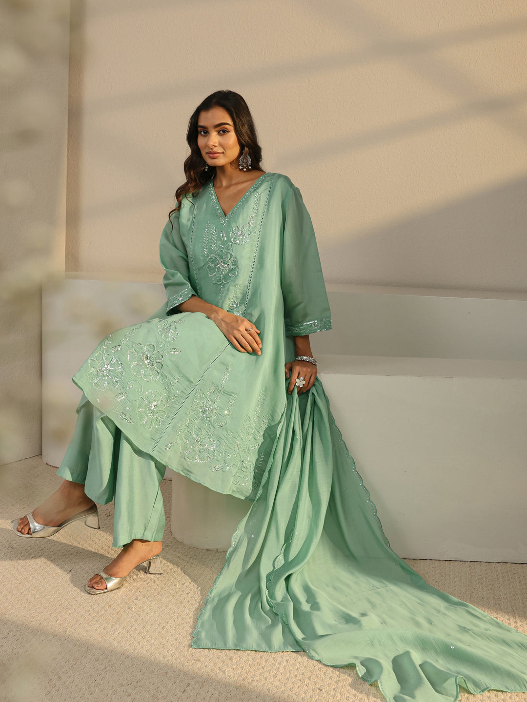  Libas Art Green Floral Embellished Chanderi Silk A-Line Suit Set With Dupatta 