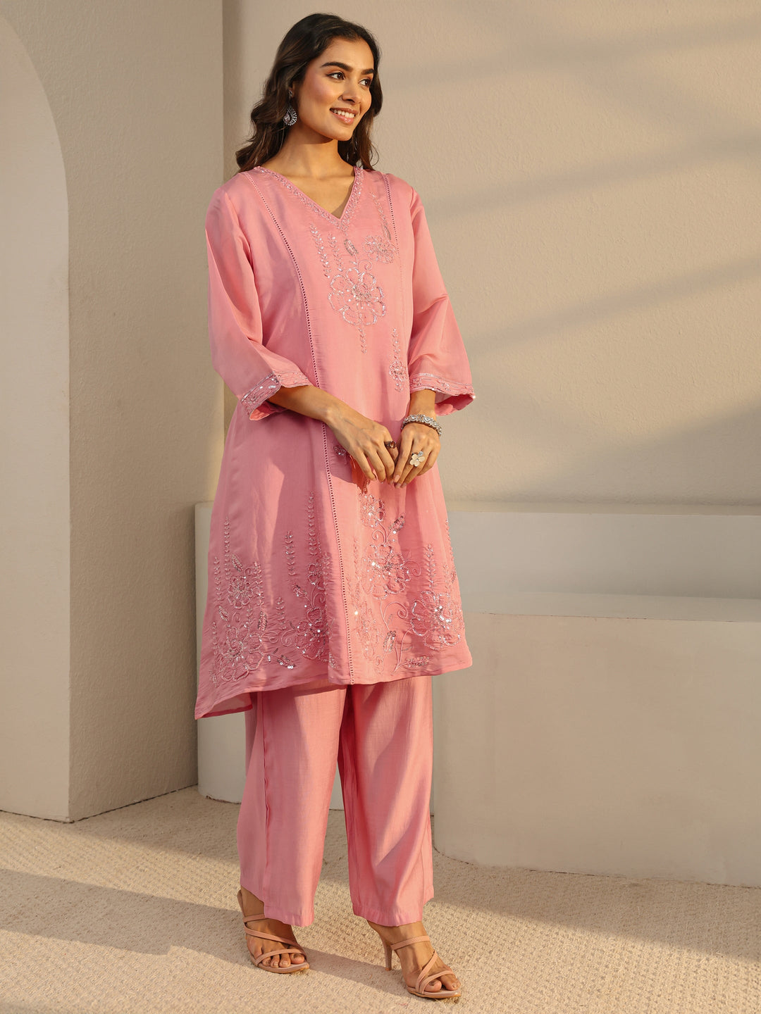  Libas Art Pink Floral Embellished Chanderi Silk A-Line Suit Set With Dupatta 