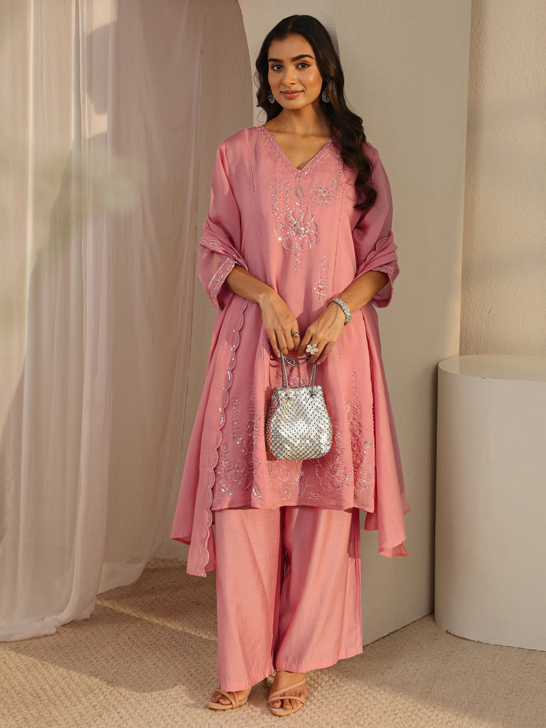 Libas Art Pink Floral Embellished Chanderi Silk A-Line Suit Set With Dupatta