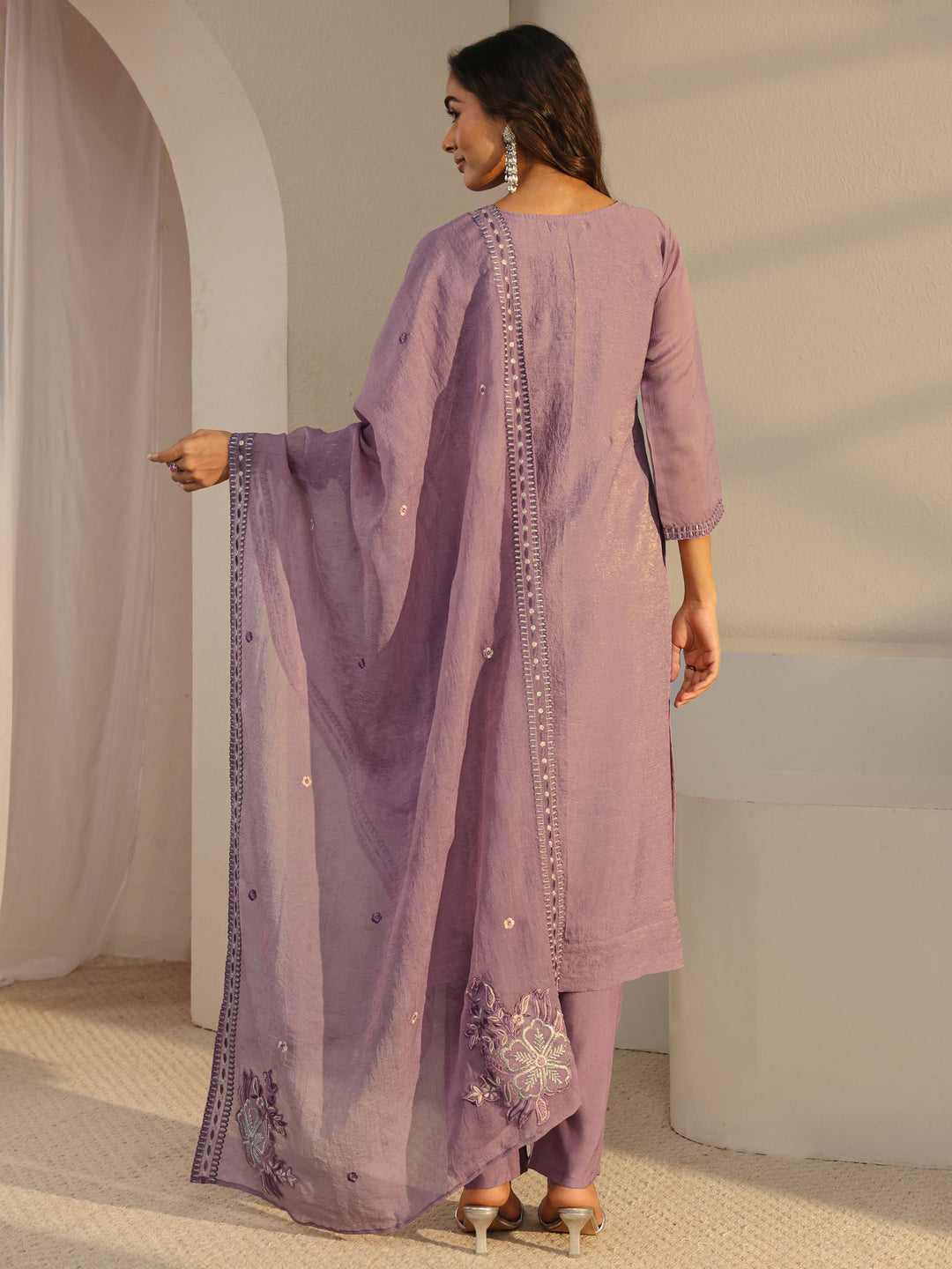 Lavender Floral Embroidered Organza Straight Suit Set With Dupatta 