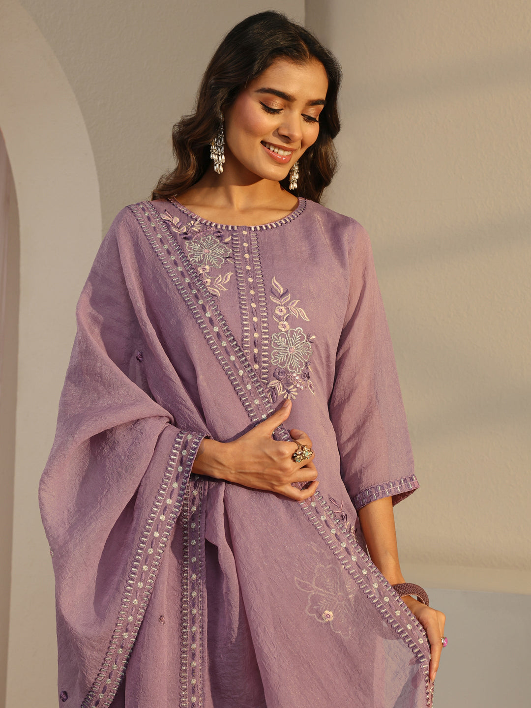  Lavender Floral Embroidered Organza Straight Suit Set With Dupatta 