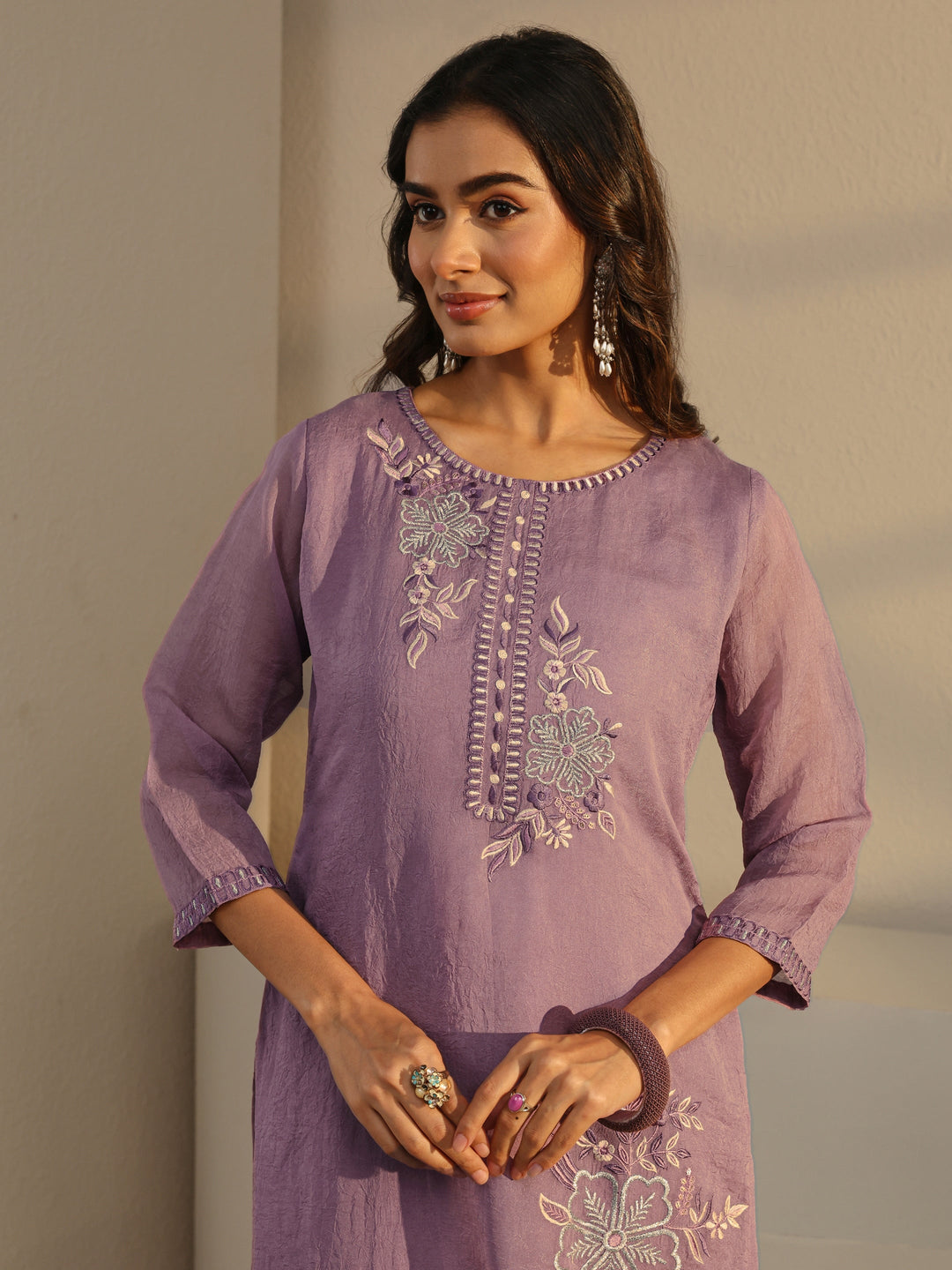 Lavender Floral Embroidered Organza Straight Suit Set With Dupatta 