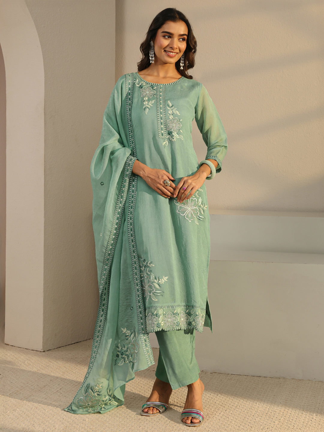  Green Floral Embroidered Organza Straight Suit Set With Dupatta 
