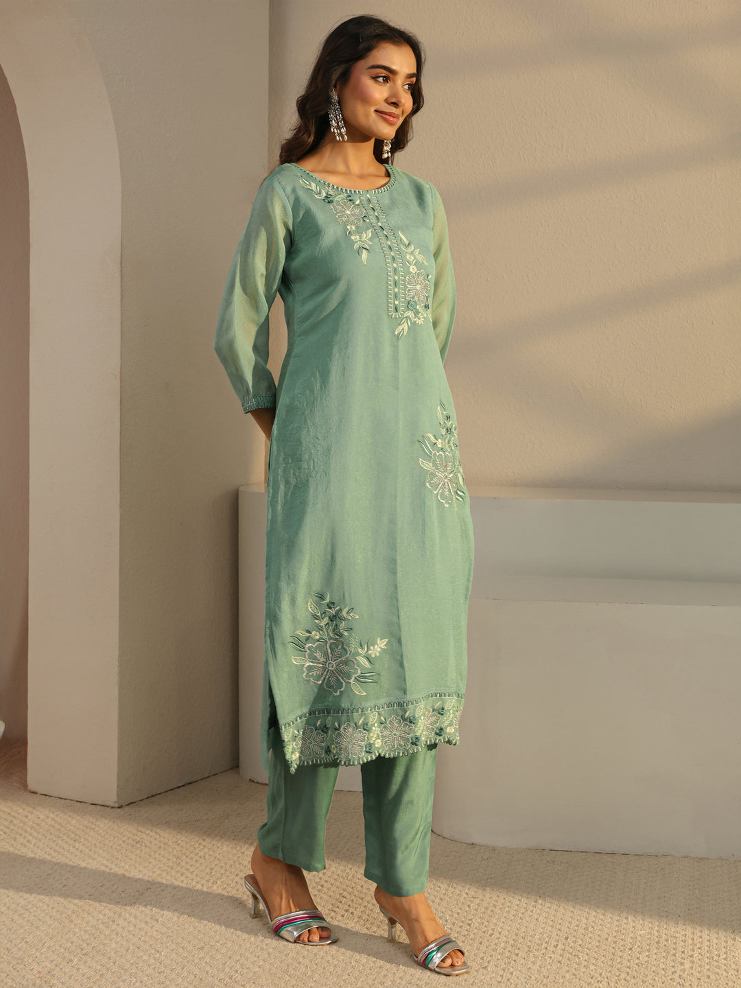  Green Floral Embroidered Organza Straight Suit Set With Dupatta 