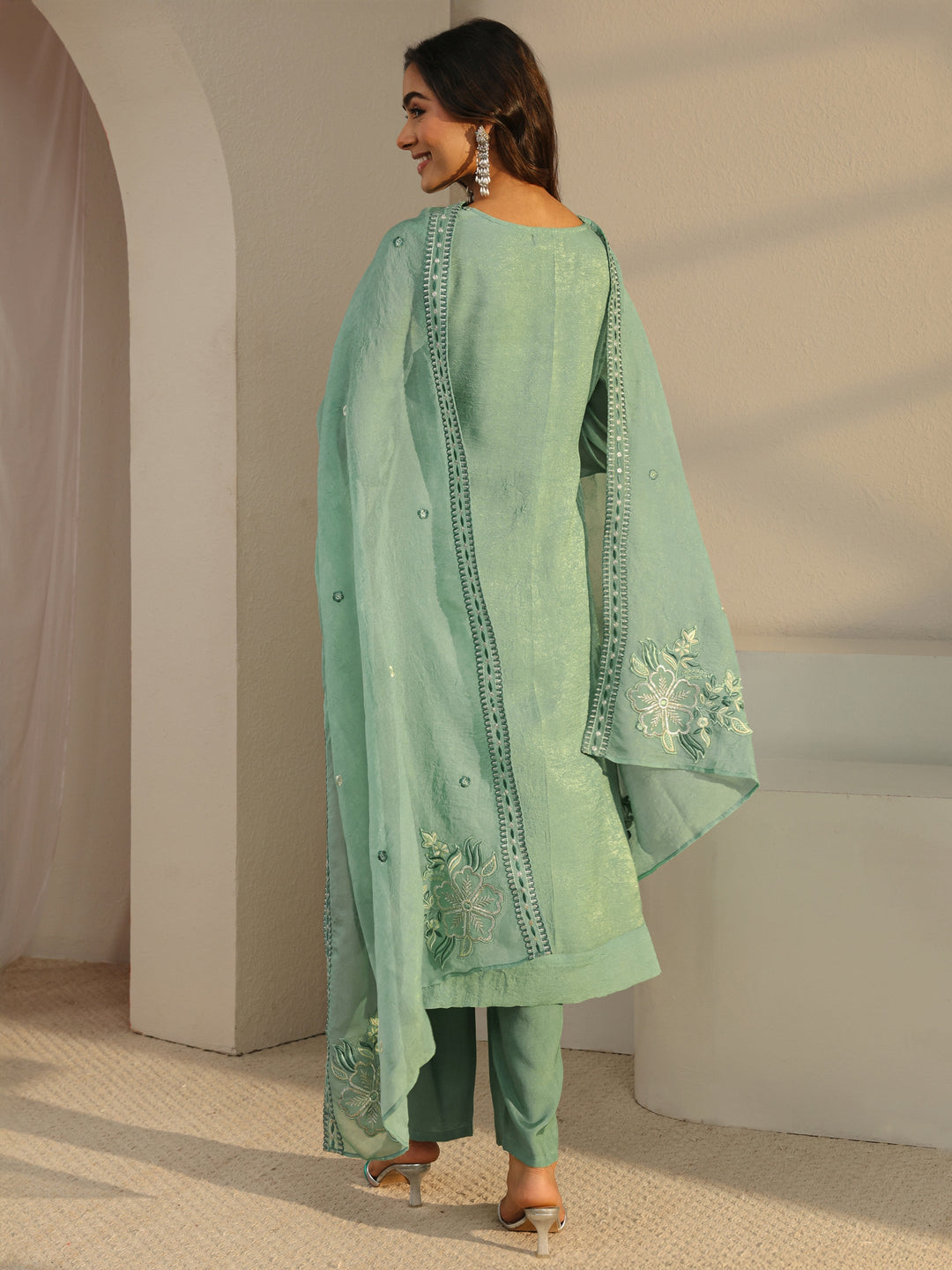 Green Floral Embroidered Organza Straight Suit Set With Dupatta 