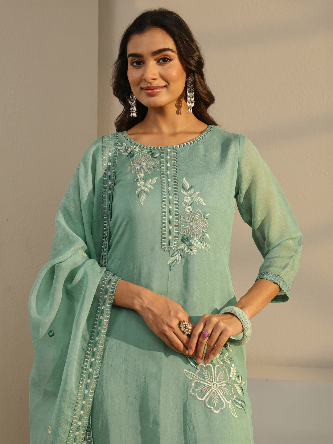  Green Floral Embroidered Organza Straight Suit Set With Dupatta 