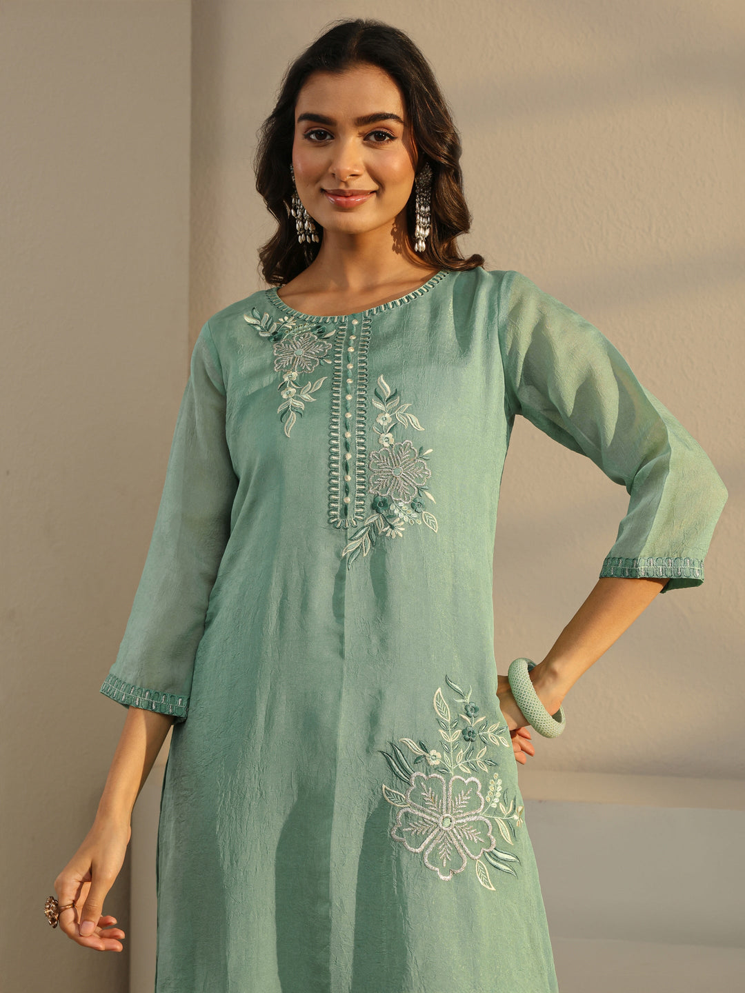  Green Floral Embroidered Organza Straight Suit Set With Dupatta 