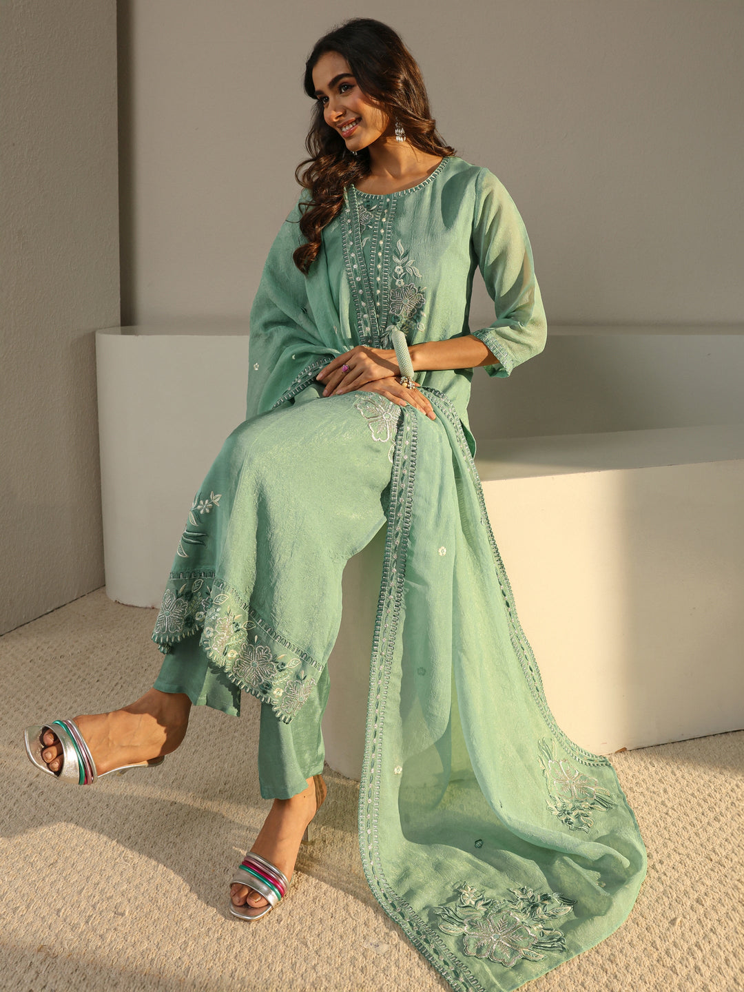  Green Floral Embroidered Organza Straight Suit Set With Dupatta 