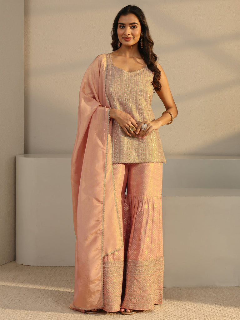 Libas Art Peach Floral Embellished Silk Sharara Suit Set With Dupatta