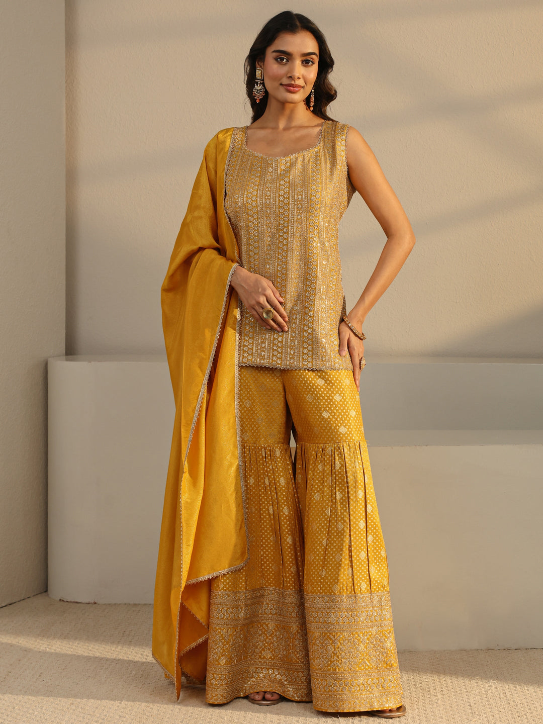  Libas Art Mustard Floral Embellished Silk Sharara Suit Set With Dupatta 