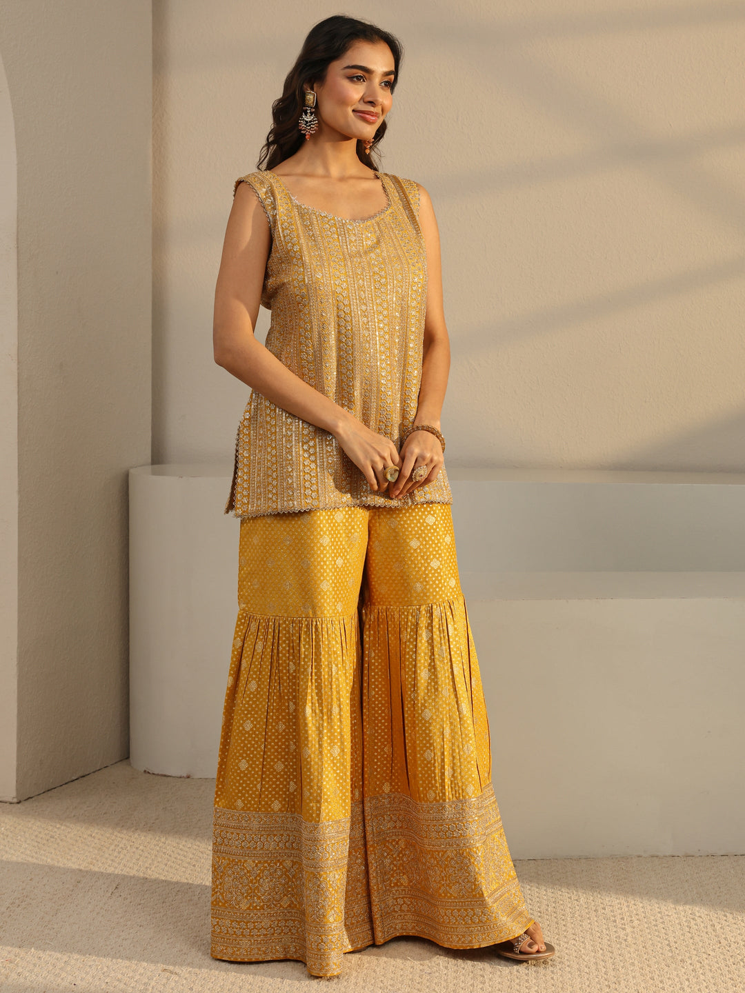  Libas Art Mustard Floral Embellished Silk Sharara Suit Set With Dupatta 